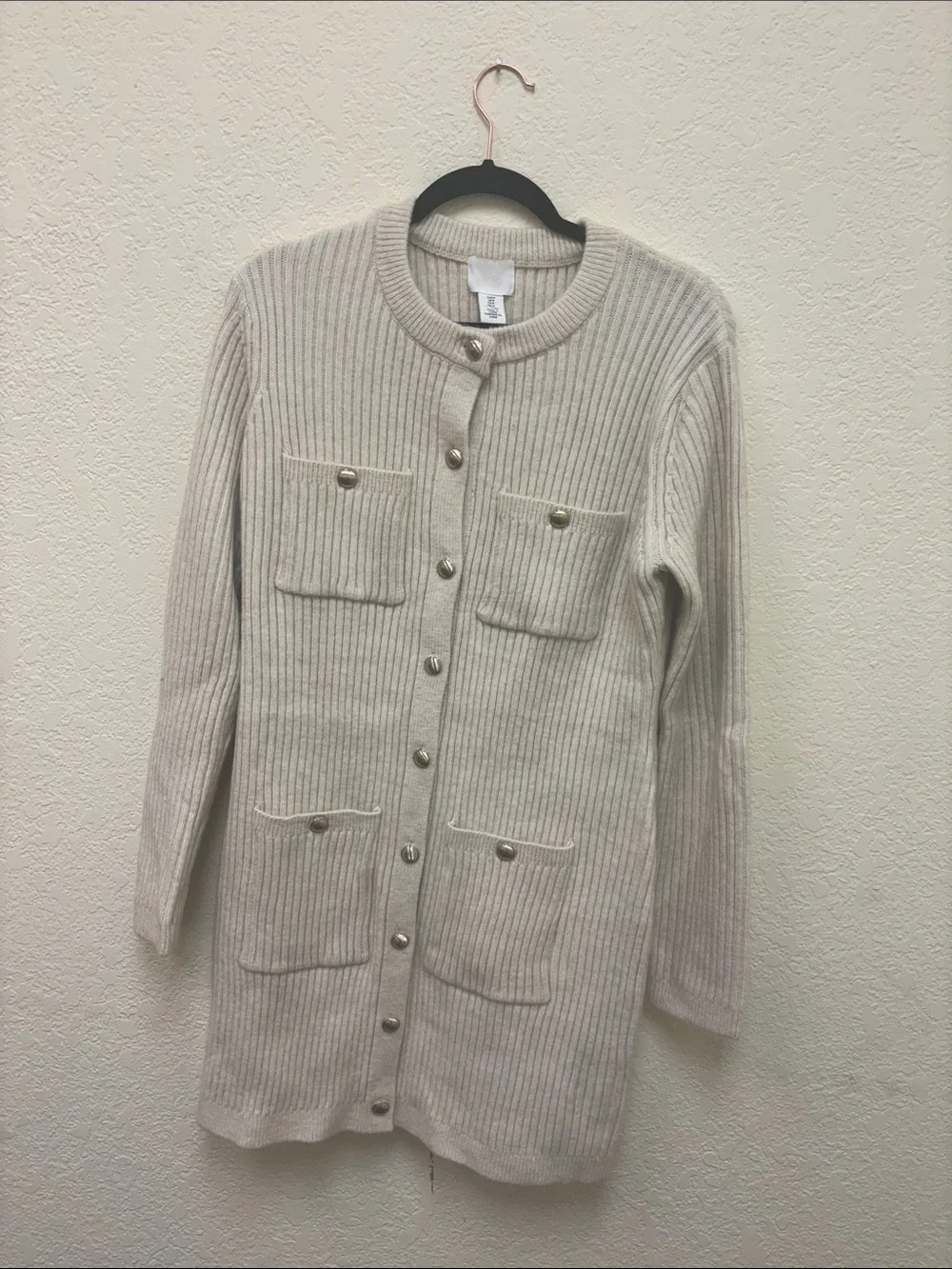 H&M Cream Ribbed Button-Front Long Cardigan - Picture 1 of 3